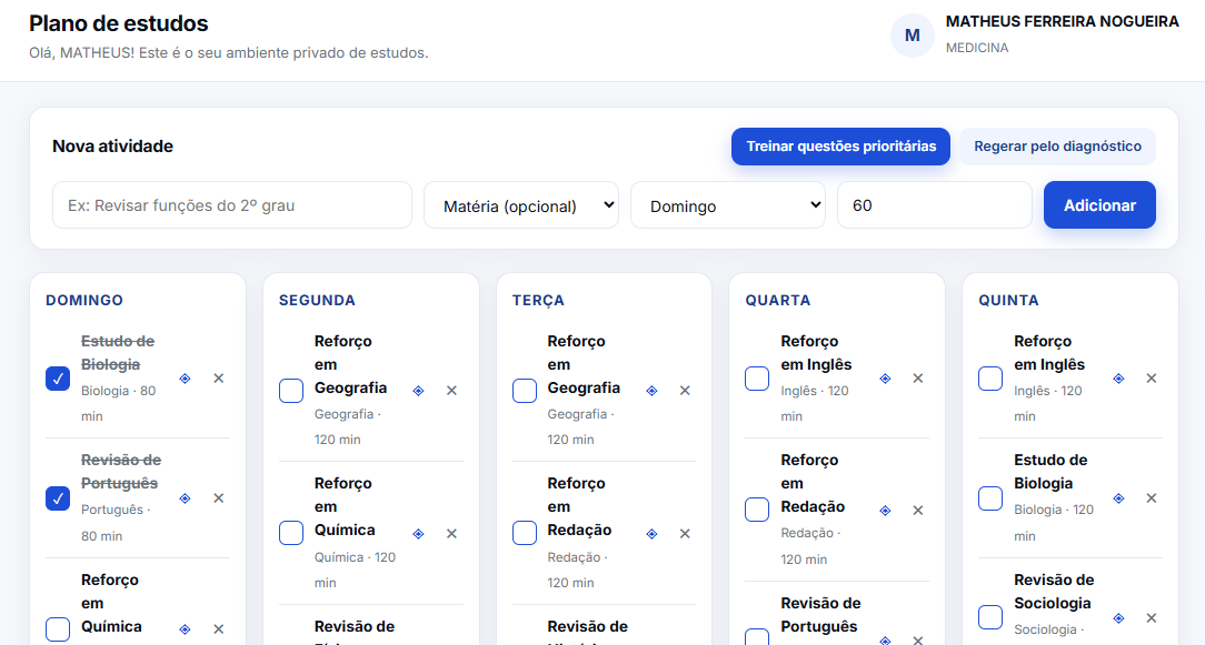 Tela do plano semanal do Aprova AI mostrando atividades organizadas por dia da semana