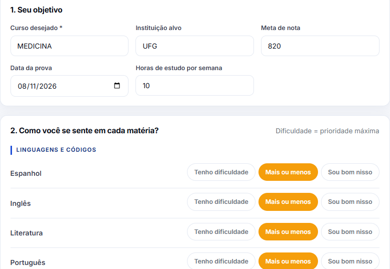 Tela do diagnóstico do Aprova AI mostrando objetivo do curso e avaliação por matéria